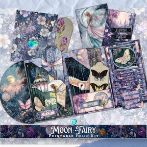 Op de afbeelding: Een printbare folio-set met een maanfee-thema. De set bevat afbeeldingen van feeën, vlinders, uilen en andere boswezens. De afbeeldingen zijn in tinten paars, blauw en groen. De tekst "Moon Fairy Printable Folio Kit" staat onderaan de afbeelding.
