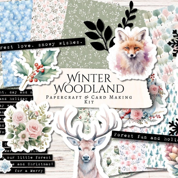 Winter Woodland Card Making Kit | antique | junk journal | scrapbook | digital paper | Christmas | printable | Forest | botanical | snow owl