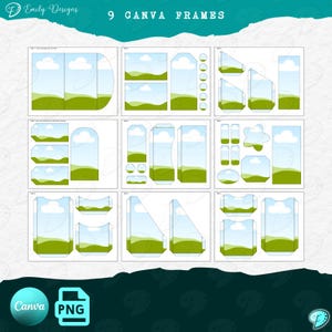 Pu&ograve; includere: Vengono mostrati nove fotogrammi di Canva, ciascuno con un design paesaggistico con colline verdi, cieli blu e nuvole bianche. I fotogrammi hanno varie forme, tra cui rettangoli, archi e forme a forma di etichetta. &Egrave; incluso il testo "9 CANVA FRAMES".