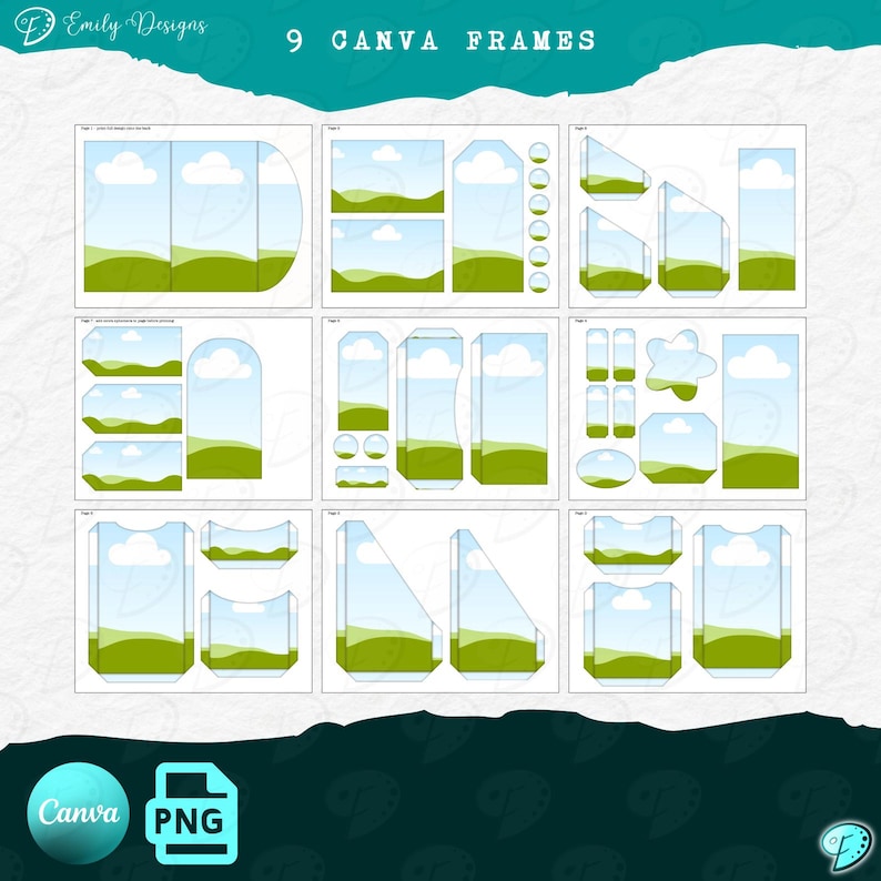 Pu&ograve; includere: Vengono mostrati nove fotogrammi di Canva, ciascuno con un design paesaggistico con colline verdi, cieli blu e nuvole bianche. I fotogrammi hanno varie forme, tra cui rettangoli, archi e forme a forma di etichetta. &Egrave; incluso il testo "9 CANVA FRAMES".