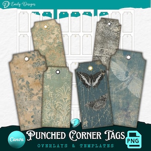 May include: A collection of vintage-style punched corner tags in various shades of blue, beige, and gray. Some tags feature butterfly and floral designs. The text "Punched Corner Tags" and "Overlays & Templates" is visible.