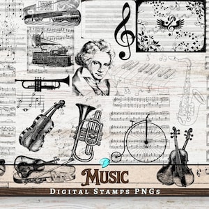 Musik Digi Stamps bund | digital | Auflage | beunruhigt | Junk Journal | Sammelalbum | Ephemera | Jahrgang | Druckfarbe | Druck | Geige | Blatt