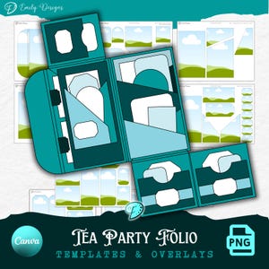 May include: A Tea Party Folio digital template set featuring teal and light blue paper craft layouts with white die-cut shapes. The design includes landscape backgrounds with green hills and blue skies, plus Canva and PNG file icons.