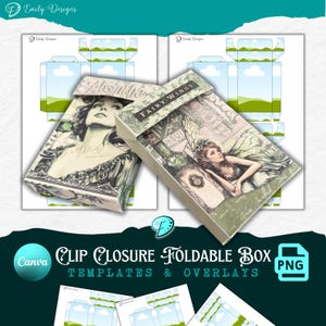 以下が含まれることがあります： 妖精とヴィンテージ女性のイラストが描かれた、クリップ留め折りたたみボックスの2つのテンプレート。ボックスはタン色で、緑と白のアクセントが付いています。「FAIRY WINGS」と「Absinthe」の文字が見えます。画像には「CLIP CLOSURE FOLDABLE BOX TEMPLATES & OVERLAYS」の文字も含まれています。