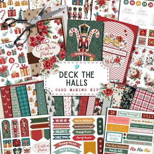 Kit para fazer cartões Deck the Halls | diário de lixo | álbum de recortes | papel para moldes | Natal | para imprimir | festivo | poinsétia | natal | quebra-nozes