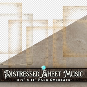 Distressed Sheet Music Page Overlays 8.5&quot; x 11&quot; | background | junk journal | scrapbook | ephemera | PNG | Vintage Borders | Ink Edges