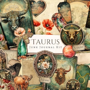 Taurus Junk Journal-kit | plakboek | kaarten maken | wijnoogst | ephemera | afdrukbaar | kieskeurige snit | dierenriem | horoscoop | sterrenbeeld | stier