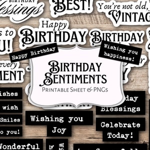 Pack sentiments d'anniversaire | album de coupures | fabrication de cartes | millésime | éphémères | imprimable | Journal indésirable | Cricut | PNG | Cartes de voeux