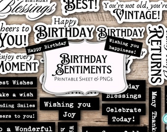 Birthday Sentiments Pack | scrapbook | card making | vintage | ephemera | printable | Junk Journal | Cricut | PNG | Greetings cards