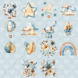 Op de afbeelding: Een set van 12 aquarel illustraties in blauwe en bruine tinten. De illustraties omvatten een luchtballon, wolken, sterren, bladeren, bloemen, een regenboog en een olifant.