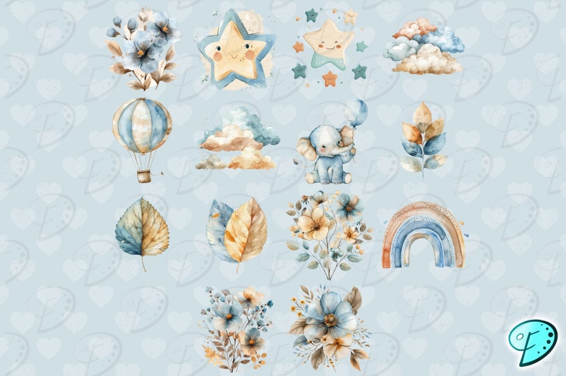 Op de afbeelding: Een set van 12 aquarel illustraties in blauwe en bruine tinten. De illustraties omvatten een luchtballon, wolken, sterren, bladeren, bloemen, een regenboog en een olifant.