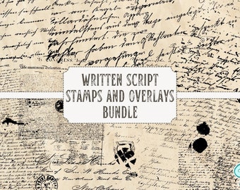 Written Script Stamps PNG bundle | digital | overlay | distressed | junk journal | scrapbook | ephemera | vintage | ink | script | writing