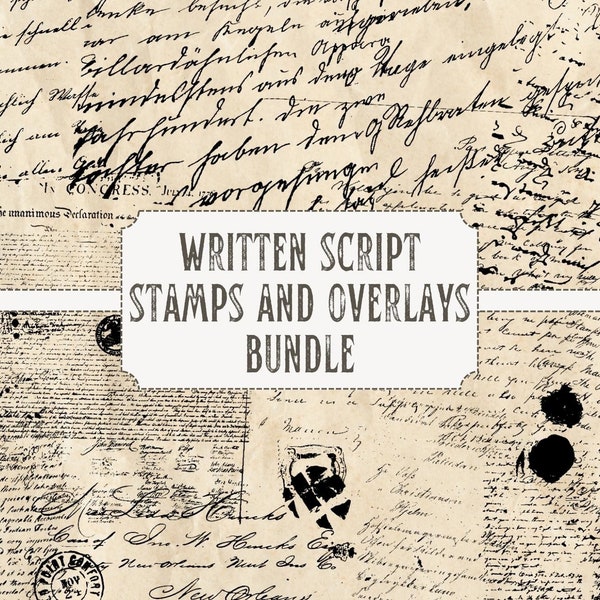 Written Script Stamps PNG bundle | digital | overlay | distressed | junk journal | scrapbook | ephemera | vintage | ink | script | writing