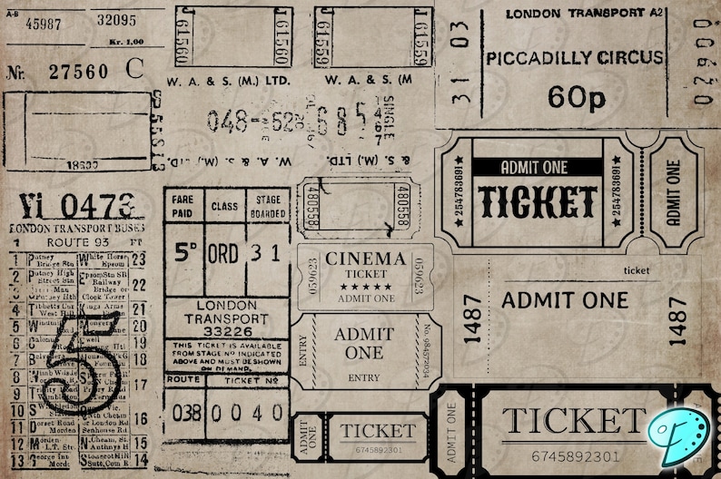 Vintage Ticket Digital Stamps SVG & PNG overlay distressed junk journal scrapbook ephemera vintage print cinema theatre image 3