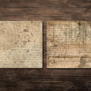 May include: Two vintage-style paper sheets with aged textures and handwritten script. The papers have a beige color with brown stains and markings, set against a dark brown wooden background. The papers are square and have a distressed appearance.