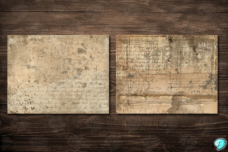 May include: Two vintage-style paper sheets with aged textures and handwritten script. The papers have a beige color with brown stains and markings, set against a dark brown wooden background. The papers are square and have a distressed appearance.