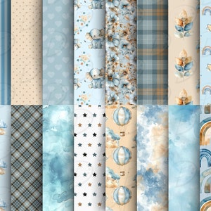 Op de afbeelding: Een set van 20 digitale papierpatronen in blauw, bruin en beige met verschillende ontwerpen, waaronder wolken, sterren, regenbogen, bladeren, olifanten en luchtballonnen.