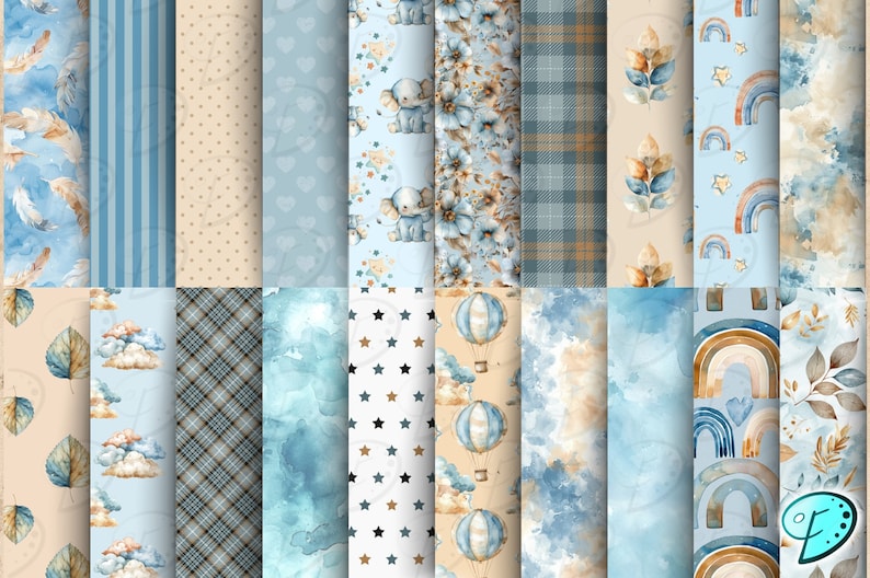Op de afbeelding: Een set van 20 digitale papierpatronen in blauw, bruin en beige met verschillende ontwerpen, waaronder wolken, sterren, regenbogen, bladeren, olifanten en luchtballonnen.