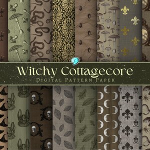 May include: A set of 12 digital paper patterns in a witchy cottagecore style. The patterns feature various designs, including mushrooms, snakes, leaves, moons, and fleur-de-lis. The colors are mostly brown, green, and white.