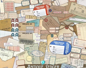 May include: A collection of aged paper ephemera, such as tags, receipts, and tickets, in a collage. The items are in shades of beige, brown, and cream, with red and blue details. Text includes "CABIN BAGGAGE" and "ANTIQUE LEDGER JUNK JOURNAL KIT."