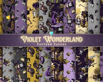 Violet Wonderland Pattern Papers | ephemera | vintage | scrapbook | digital paper | Tags | printable | Alice | Junk Journal | white rabbit