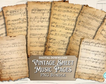 Vintage Sheet Music Pages PNG bundle | digital | ephemera | junk journal | scrapbook | background | classical | aged | old | antique | print