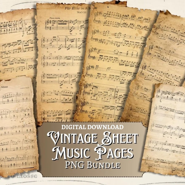 Vintage Sheet Music Pages PNG bundle | digital | ephemera | junk journal | scrapbook | background | classical | aged | old | antique | print