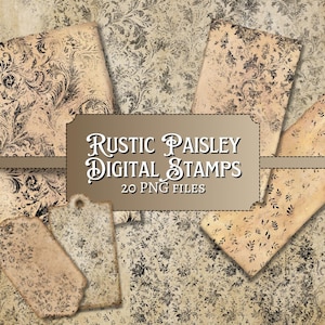May include: A set of 20 digital stamps featuring rustic paisley patterns in black and white on a beige background.  The text "Rustic Paisley Digital Stamps 20 PNG Files" is displayed on a brown label.