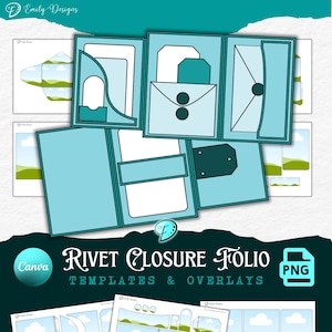 Op de afbeelding: Digitale sjablonen en overlays voor een Rivet Closure Folio, in tinten blauw en wit. Het ontwerp bevat verschillende folio-componenten, zoals zakken, labels en een sluiting, met een landschapsachtergrond. De tekst "Rivet Closure Folio Templates & Overlays" is ook opgenomen.