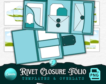 Può includere: Modelli digitali e overlay per un Rivet Closure Folio, nelle tonalità del blu e del bianco. Il design include vari componenti del folio, come tasche, etichette e una chiusura, con uno sfondo paesaggistico. È incluso anche il testo "Rivet Closure Folio Templates & Overlays".