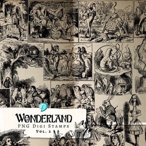 Wonderland Digi Stamps Vol. 2 | distressed | junk journal | scrapbook | ephemera | vintage | Alice | PNG | Lewis Carroll | clipart | book