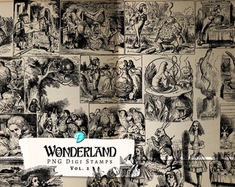 May include: A collection of 20 black and white illustrations from Alice in Wonderland. The illustrations depict scenes from the book, including Alice falling down the rabbit hole, the Mad Hatter's tea party, and the Queen of Hearts' croquet game. The illustrations are in a vintage style and would be perfect for scrapbooking, card making, or other craft projects.
