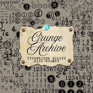 May include: A digital art design featuring a grunge aesthetic. The background is a light gray with scattered numbers and typewriter keys. A torn paper element with the words "Grunge Archive" and "Typewriter Digits Digi Stamps" is affixed with brass tacks.