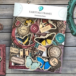 Efemerisch pakket Fairytale Frames | junkjournaal | plakboek | kaarten maken | kaarttoppers | stansvormen | versieringen | vintage | vlinder
