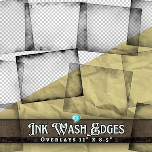 Pode incluir: Um conjunto de sobreposições digitais de 28 cm x 21,5 cm com bordas de lavagem de tinta. As sobreposições são transparentes e podem ser usadas para adicionar um visual vintage a fotos ou designs.