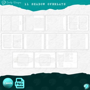 Puede incluir: Once superposiciones de sombra para dise&ntilde;o digital. Las superposiciones est&aacute;n en formato de cuadr&iacute;cula y son blancas sobre un fondo blanco. Las superposiciones son de varias formas y tama&ntilde;os. El texto "11 SHADOW OVERLAYS" est&aacute; en la parte superior de la imagen.