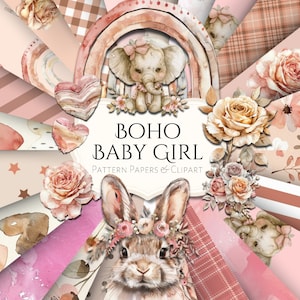 Boho Baby Girl Digital Pattern Paper and Clipart / efímera / vintage / álbum de recortes / diario / imprimible / Guardería / Recién nacido / Fabricación de tarjetas