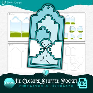 May include: A digital design featuring a light blue tie closure stuffed pocket template with layered shapes and a bow detail. The design includes the text "Tie Closure Stuffed Pocket Templates & Overlays" and is labeled as a PNG file.