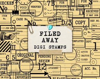 Filed Away Digi Stamps PNG bundle | digital | overlay | junk journal | scrapbook | ephemera | vintage | ledger | mail | postage | office