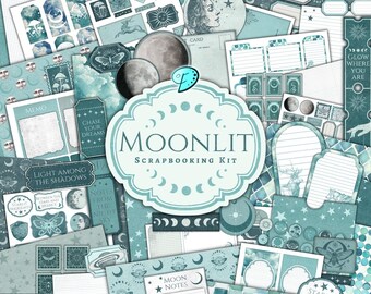 May include: A collection of teal and white scrapbook paper, tags, and stickers. The kit includes elements with celestial themes, such as moons, stars, and butterflies. The words "Moonlit Scrapbooking Kit" are displayed prominently.