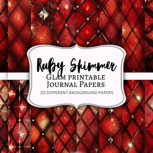 Op de afbeelding: 20 digitale papieren met een rood, glitterend, ruitvormig patroon. De papieren zijn gelabeld met "Ruby Shimmer Glam Printable Journal Papers".