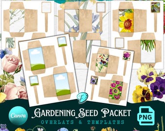 Gardening Seed Packets Overlays | Templates | background | junk journal | scrapbook | PNG | Canva frame | vintage | printable | Gardener