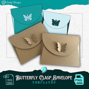 May include: Image of butterfly clasp envelope templates in SVG and PNG formats. The image shows several brown paper envelopes with butterfly cutouts, alongside teal and light blue envelopes with butterfly designs. The text reads "Butterfly Clasp Envelope Templates."