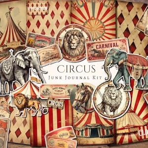 Kit de journal de bordel de cirque | millésime | éphémères | coupe soignée | clipart | papier numérique | album de coupures | numérique | imprimable | Carnaval | Lionne