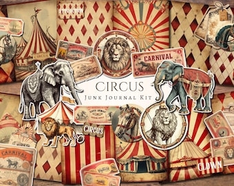 Circus Junk Journal Kit / vintage / efímera / corte quisquilloso / clipart / papel digital / álbum de recortes / digital / imprimible / Carnaval / León