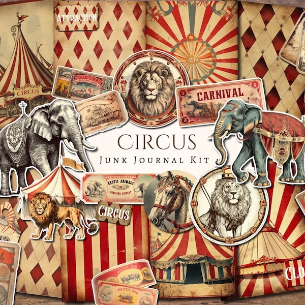 Circus Junk Journal Kit | wijnoogst | ephemera | kieskeurige snit | illustraties | digitaal papier | plakboek | digitaal | afdrukbaar | Carnaval | Leeuw