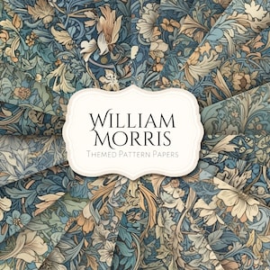 May include: A collection of patterned papers featuring floral designs in shades of blue, green, and beige. The papers are arranged in a radial pattern with a white label in the center that reads "William Morris Themed Pattern Papers".