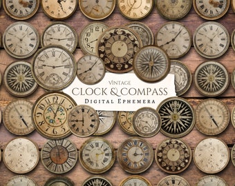 Vintage Clock & Compass Digital Ephemera | junk journal | scrapbook | antique | cabinet | Cricut | embellishment | card making | cut out