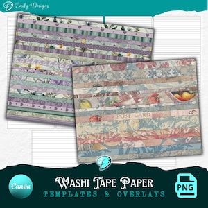 May include: Two stacks of washi tape paper templates and overlays. The paper has a variety of floral and patterned designs in pastel colors. The text "Washi Tape Paper Templates & Overlays" is displayed at the bottom of the image, along with the Canva and PNG logos.