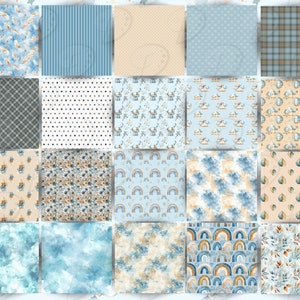 Op de afbeelding: Een set van 16 digitale papierpatronen in blauw, beige en bruin met verschillende ontwerpen, waaronder olifanten, regenbogen, sterren en bloemenpatronen.